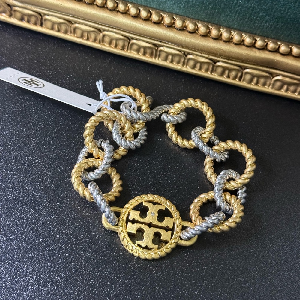 Tory Burch Gold and Silver Link Bracelet with Hook Closure